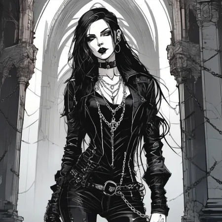 inkpunk style illustration of a beautiful woman wearing black leather and chains, black long hair, gothic, alluring, standing in a cathedral, <lora:IPXL_v2:0.5>