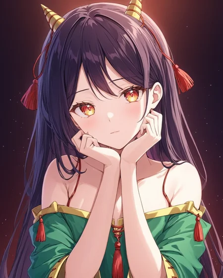 nippaku zanmu,1girl, solo, looking_at_viewer, parted_lips, upper_body, horns, hand_on_own_cheek, tassel, hair_ornament, off_shoulder
<lora:nippaku_zanmu_image235_2023-12-20:1>,star-shaped_pupils,symbol-shaped_pupils,. gorgeous,key visual, vibrant, studio anime,award-winning, professional, highly detailed,high budget, cinemascope