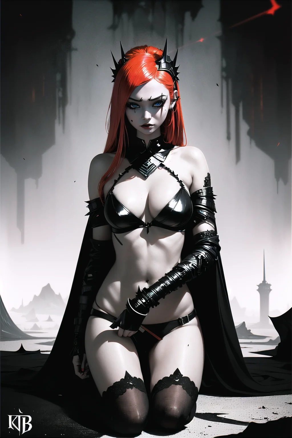 negative space,black background, multiple girls, (masterpiece, best_quality, ultra-detailed, immaculate:1.3), epic, illustration, rune knight  villainess, armor, pauldrons, neon ginger hair, Tapered Cut, on one knee, abstract background, on Chinese, summer Coruscant, bombshell hair, copper hair, Pompadour, zombie pose <lora:EnvyMetalMix01:1>