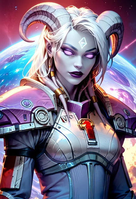 (absurdres, best quality, masterpiece:1.4), score_9, score_8_up, score_7_up, score_6_up, detailed, detailed body, detailed face, world of warcraft, fantasy, <lora:add-detail-xl:1.5>,
fFaceDetail, SkinDetail, fFaceDetail, (female, draenei, h0rns, ram horns, white horns, tall, pale white skin, long white hair, purple eyes, no pupils, no sclera),
n7 armor,
alone, upper body,
spaceship interior background