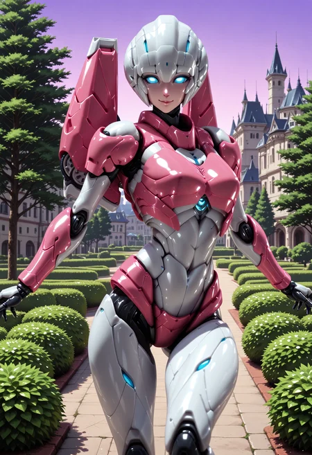 masterpiece, best quality, good quality, very aesthetic, hyper detailed, digital painting, trending on ArtStation, absurdres, newest, 8K, anime screencap, anime coloring, detailed background, offical art, very aesthetics of fine arts, <lora:spo_sdxl_10ep_4k-data_lora_webui:1>, lazypos, <lora:Latex_MBA_style:1>, perfect anatomy, <lora:prompt_extend:1>, <lora:wai-Rectified-s:1>,
<lora:furaiarceeTF-IL:1>, furaiarcee\(transformers\), 1girl, mecha, robot, autobots, blue eyes, glowing eyes, no pupils, breasts, solo, no humans, science fiction, <lora:handPatchUnet:1>, detailed_hands, elegant_fingers, (petite), cute face, smile, facing viewer, looking at viewer, dancing ballet,
outdoors, fantasy, town, castle, tree, bush, flower bed, purple sky
