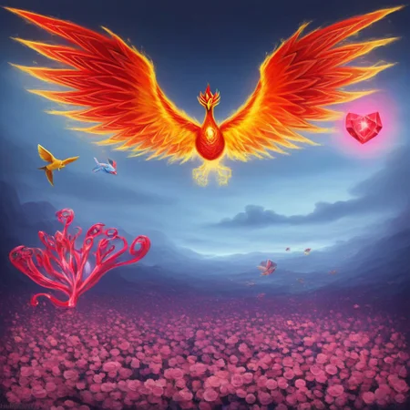 score_9, score_8_up, score_7_up, (Phenomenal Phoenix from pink and red crystals flying in the sky in its splendor, intense pink and red glowing aura on the phoenix's body, powerful energy reside inside the core of phoenix's body and the phoenix's eyes radiating blazing heat:1.37), strong focus on subject, strong bokeh, masterpiece, flawless complexion, top quality, best quality, ultra-realistic, ultra-detailed, 8k, highest resolution, surreal, incredibly lifelike, real life photo reality, lots of colorful kinds of beautiful flowers, bunches of tiny little animals, tiny birds and butterflies flying around, fish jumping in the air, wisdom tree, sunlight, perfect shadow, perfect panorama photo, lakes, meadows, best artistic scenery, colorful, rich colors, perfection artistic, uncanny realism, realism pushed to extreme, outstanding clear photo quality, immaculate-micro-details phoenix, intricate details, awards winning legendary almighty beast photography, 360 View, 360, micro details photography, shot on Canon EOS 5D, glamour photography, radiant god rays, Ilford HP5 Plus, Photographers by Tim Walker, technicolor, digital art, depth of field, (distant view:1.6)