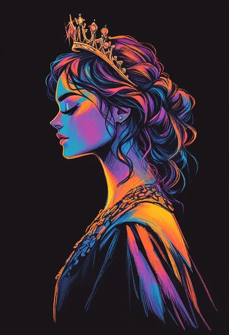 score_9, score_8_up, score_7_up, score_6_up, aesthetic, s1_dram, ncpy13 style, pastels drawing, deep black background, Using deep blue, gold and black colors create A beautiful young woman dressed as the queen of darkness sits on a throne made entirely of skulls. She's wearing a flowing black dress with gold accents and has a crown made of tiny bats perched atop her head. Her partner, a tall, lean man dressed as Dracula, stands behind her in the shadows. The style is a dark fantasy setting, upperbody portrait, elegant, intricate details.