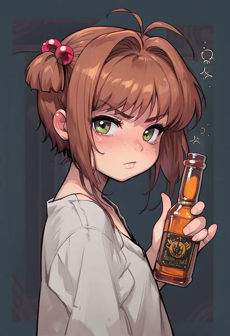 score_9, score_8_up, score_8, side view, 1girl, Kinomoto_Sakura, (young:1.5), green_eyes, brown_hair, short_hair, antenna_hair, hair_intakes, flat_chest, hair_bobbles, drunk, holding whiskey, angry, pointing at viewer, looking at viewer, Expressiveh, detailed background, very detailed, Bar background