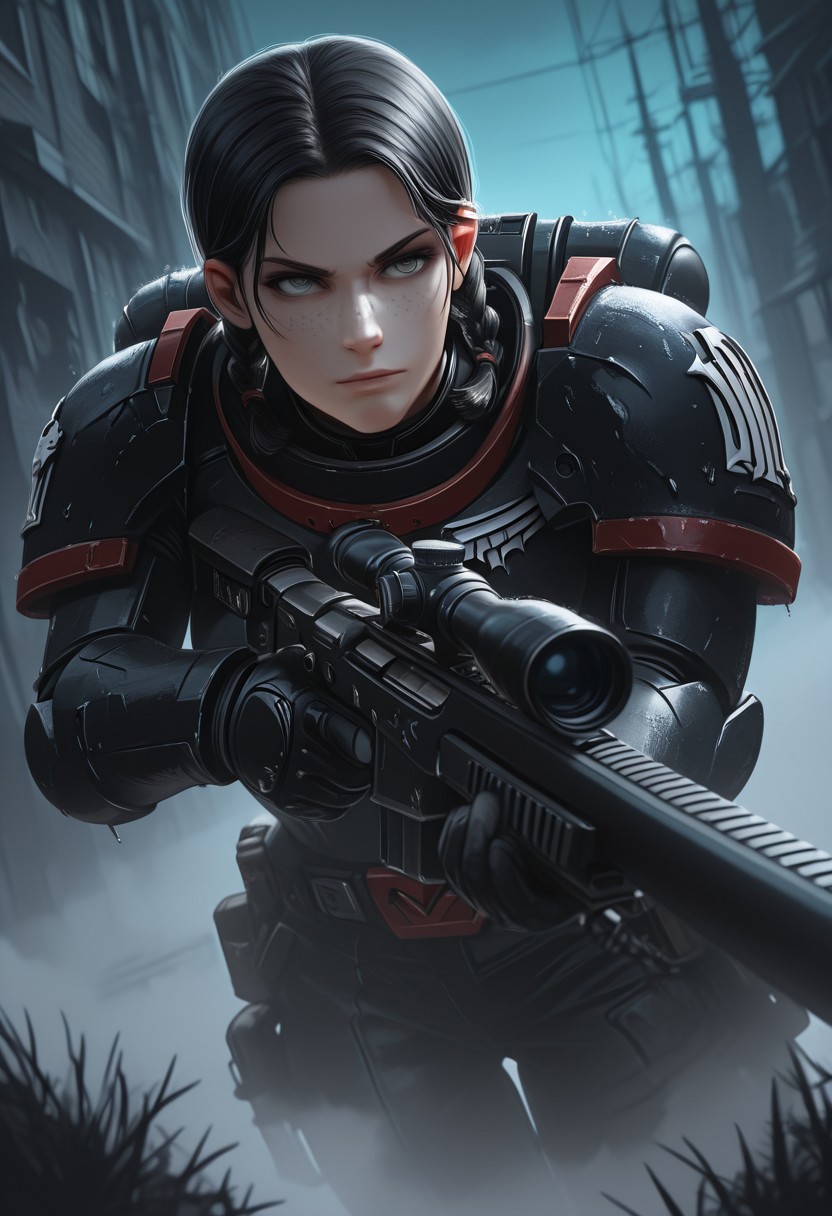 masterpiece, best quality, high quality, newest, highres, 8K, HDR, absurdres, dynamic angle, realistic, 1girl, wearing edgRG_(power armor), pauldrons, raven emblem, solo, 1girl, Park Du-Na, black  hair, braids, grey eyes, perfect eyes, freckles, perfect face,  holding a sniper, silhouette, DMZ, creepy, backlit, haunted, night sky, fog, mist, cold, dutch angle, dark outside, solo, close up, mid shot, dutch angle, <lora:edgIllustriousXL_Raven_Guard:1>