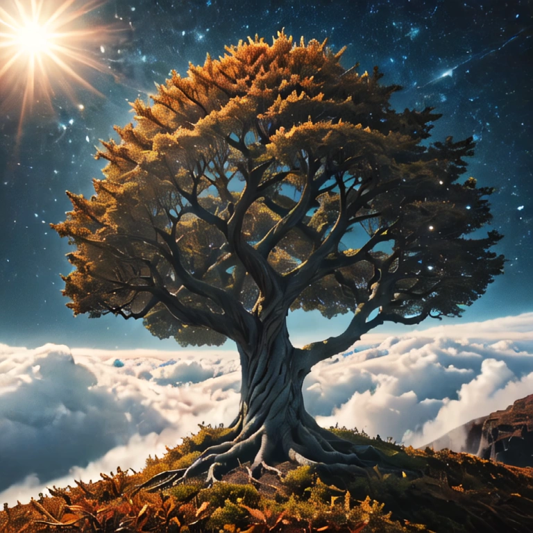 majestic tree above the clouds with sun and stars in the background