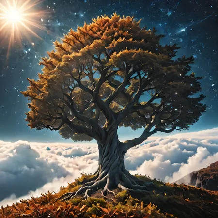 majestic tree above the clouds with sun and stars in the background
