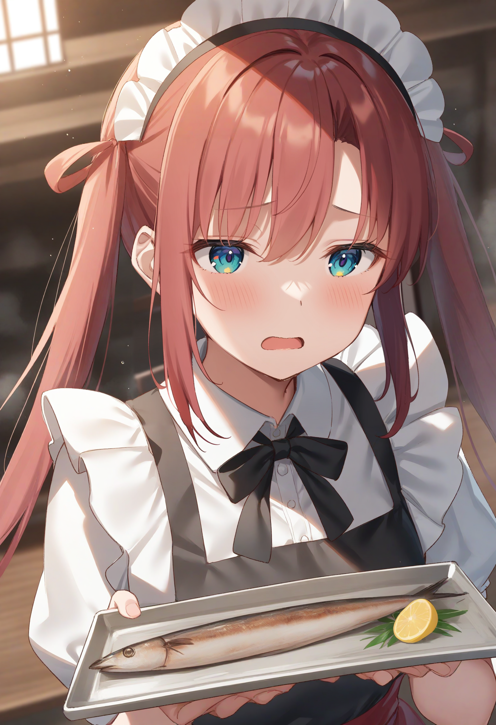 1girl,sincos, ningen mame, toosaka asagi,solo,medium breasts,20yo,maid,maid headdress,
saury, fish, apron, food, tray,holding tray,indoors, <lora:saury_XL_v1:0.8>
ceiling, portrait, looking away, red hair, white eyes,anguish, open mouth, hair rings hair,,
best quality, very aesthetic, absurdres