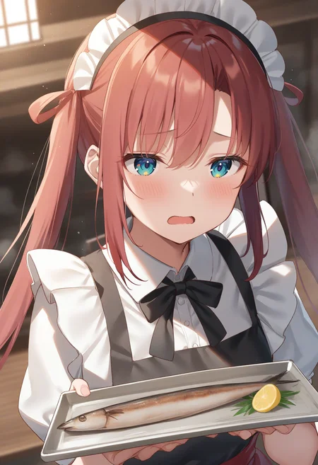 1girl,sincos, ningen mame, toosaka asagi,solo,medium breasts,20yo,maid,maid headdress,
saury, fish, apron, food, tray,holding tray,indoors, <lora:saury_XL_v1:0.8>
ceiling, portrait, looking away, red hair, white eyes,anguish, open mouth, hair rings hair,,
best quality, very aesthetic, absurdres