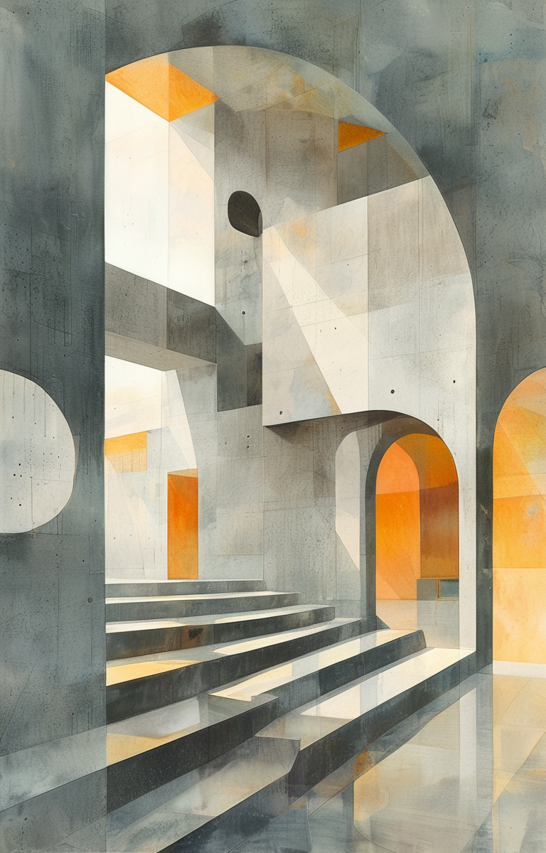 masterpiece,best quality,<lora:tbh308-sdxl:0.9>,illustration,designed by Steven Holl, Brutalist concrete university campus with geometric shapes and exposed materials