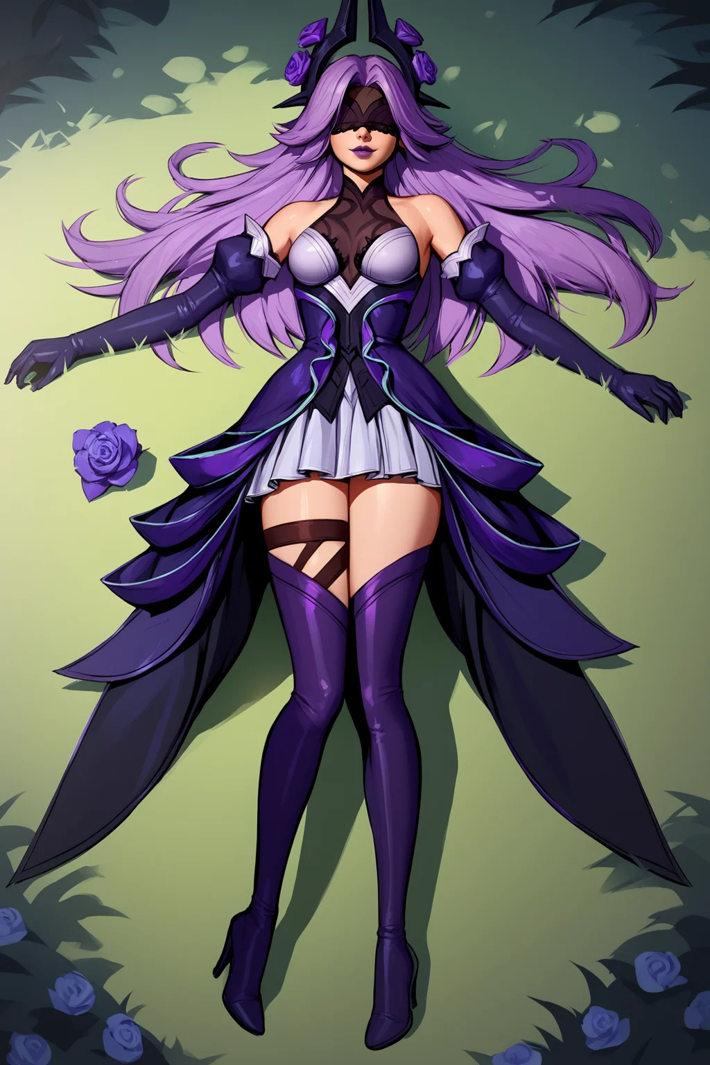 score_9, score_8_up, score_7_up, score_6_up, BREAK, SyndraWRoseXL, purple lips, black blindfold, purple hair, long hair, parted bangs, hair ornament with purple rose, medium breasts, detached sleeves, white dress, puffy sleeves, purple elbow gloves, purple skirt, purple thighhighs, purple boots, high heels, solo, full body, lying on grass, seductive smile, looking at viewer, forest <lora:SyndraWRoseXL:0.9>