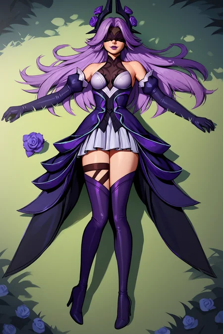 score_9, score_8_up, score_7_up, score_6_up, BREAK, SyndraWRoseXL, purple lips, black blindfold, purple hair, long hair, parted bangs, hair ornament with purple rose, medium breasts, detached sleeves, white dress, puffy sleeves, purple elbow gloves, purple skirt, purple thighhighs, purple boots, high heels, solo, full body, lying on grass, seductive smile, looking at viewer, forest <lora:SyndraWRoseXL:0.9>