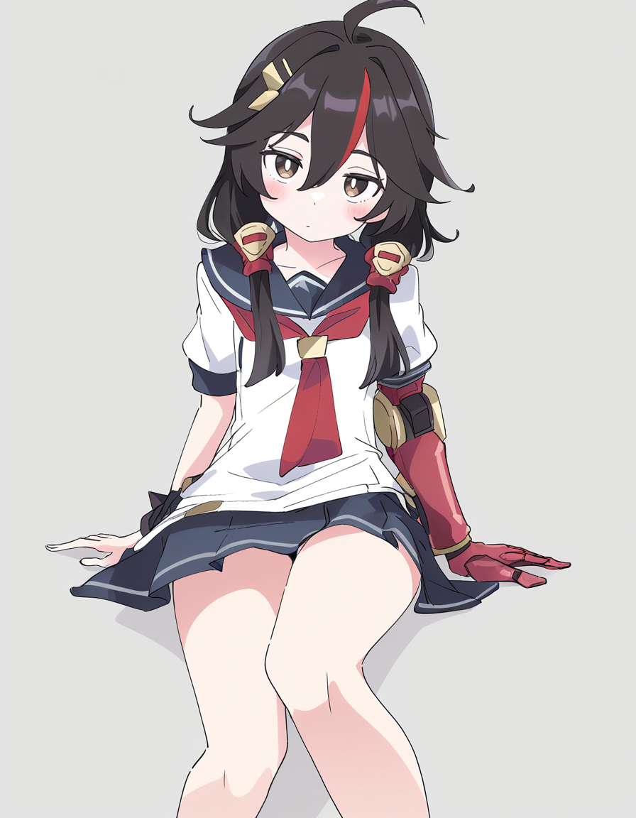 sailor,sailor collar,sailor skirt,wet,blush,head tilt,looking at viewer,(ixy:0.6),simple background,legs,red neckerchief,
<lora:changan_noob:0.6>,huanxing-changan,1girl,solo,black hair,long hair,multicolored hair,red hair,brown eyes,hair between eyes,bangs,ahoge,hair ornament,single mechanical arm,
masterpiece,best quality,very aesthetic,absurdres,