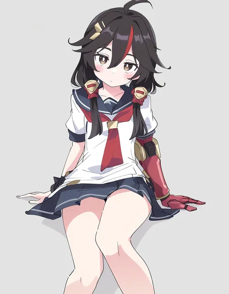 sailor,sailor collar,sailor skirt,wet,blush,head tilt,looking at viewer,(ixy:0.6),simple background,legs,red neckerchief,
<lora:changan_noob:0.6>,huanxing-changan,1girl,solo,black hair,long hair,multicolored hair,red hair,brown eyes,hair between eyes,bangs,ahoge,hair ornament,single mechanical arm,
masterpiece,best quality,very aesthetic,absurdres,