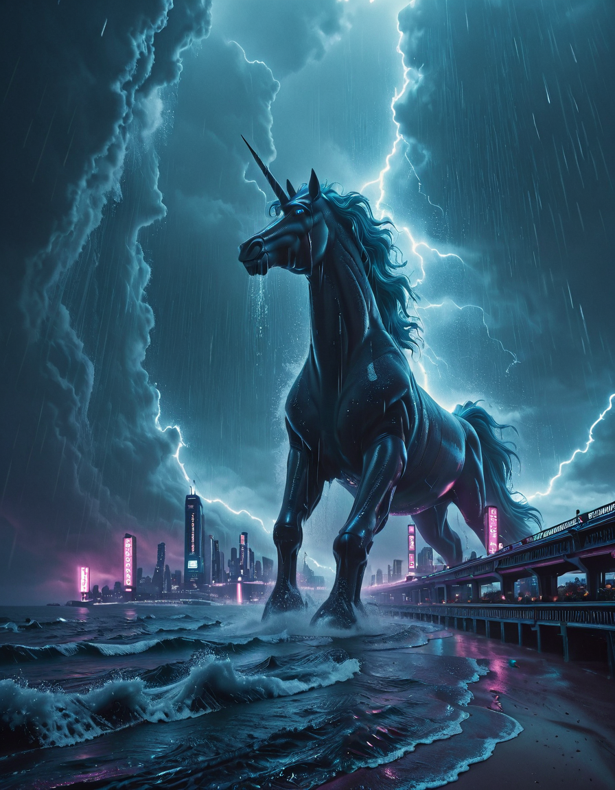 <lora:Space_Worlds_Minis_5:1> swminis5bis, in asia, beautiful landscape, seaside, storm, lightnings, trees, kanji, rain, wet, flowers, giant monster over city, unicorn, waves, lots of wind, from below, from side, depth of field, bridge, giant waves