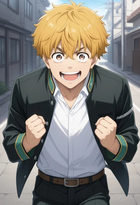 masterpiece,best quality,amazing quality, source_anime,
AkihikoNirei, male focus, 1boy, blonde hair, solo, open mouth, brown eyes, looking at viewer, clenched hands, smile, teeth, freckles, school uniform, jacket, black jacket, open jacket, shirt, white shirt, collared shirt, belt, pants, black pants, outdoor