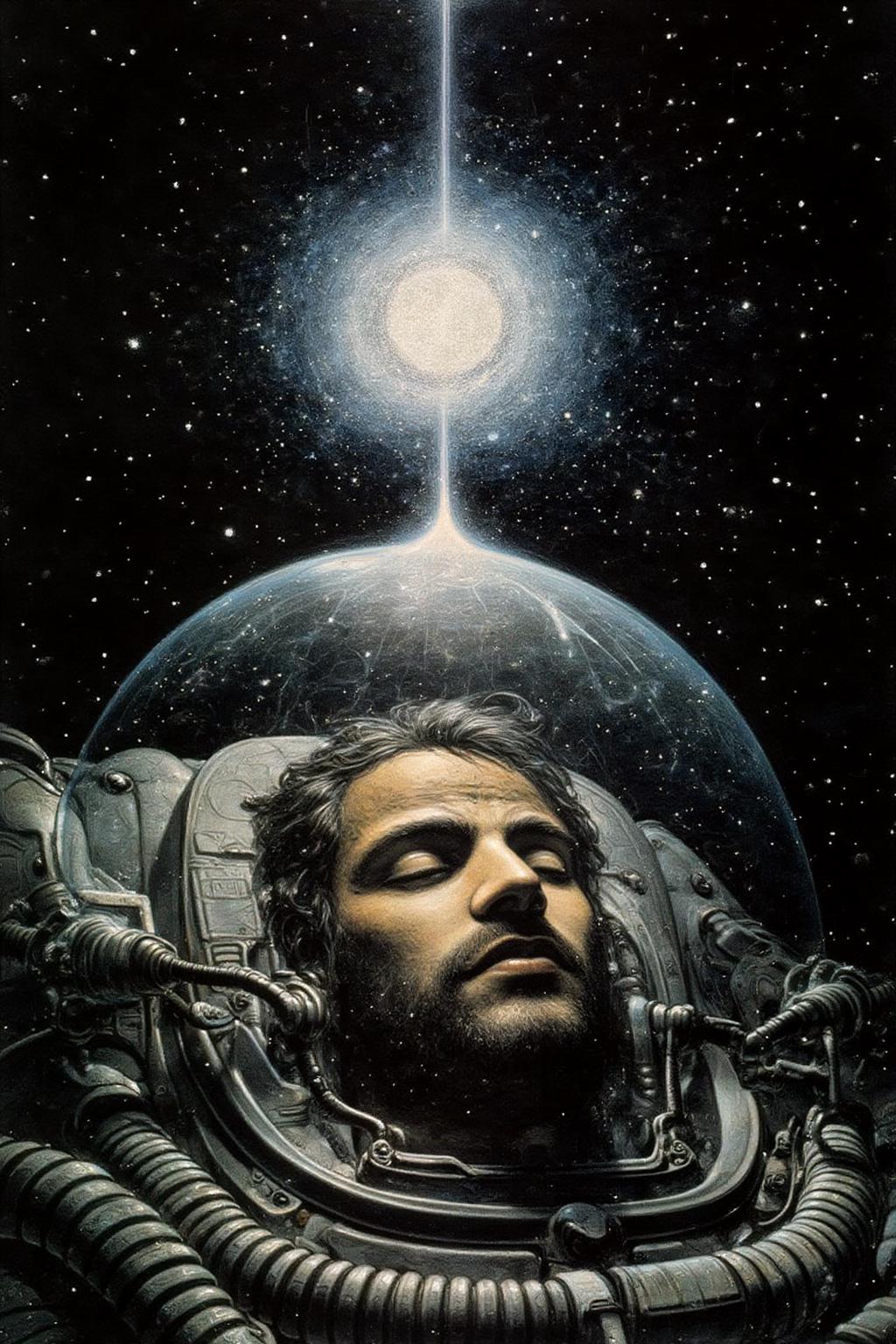 juangimenez1 illustration. 
A dark background filled with stars. In the foreground, a man inside a transparent space helmet. His eyes are closed, suggesting rest or meditation. The helmet includes intricate designs like tubes and communication devices. Above the figure, a bright, glowing celestial body emits light rays upward into the dark sky. <lora:juangimenez1_cap_d8a4e12:1.0><lora:857652900317389179:0>