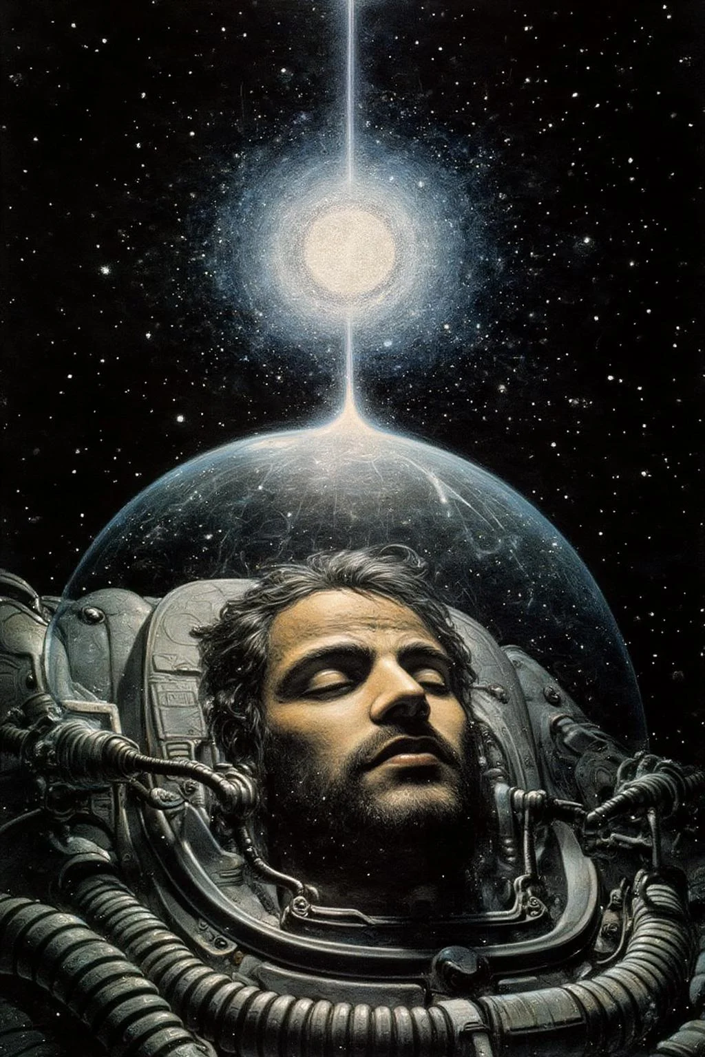 juangimenez1 illustration.
A dark background filled with stars. In the foreground, a man inside a transparent space helmet. His eyes are closed, suggesting rest or meditation. The helmet includes intricate designs like tubes and communication devices. Above the figure, a bright, glowing celestial body emits light rays upward into the dark sky. <lora:juangimenez1_cap_d8a4e12:1.0><lora:857652900317389179:0>