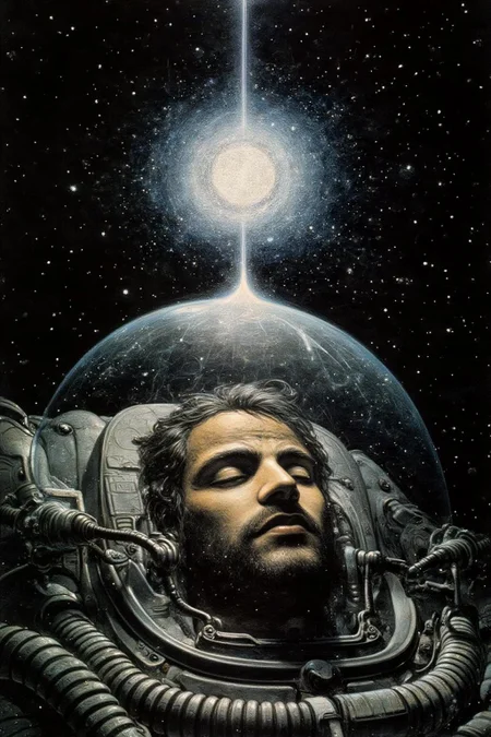 juangimenez1 illustration.
A dark background filled with stars. In the foreground, a man inside a transparent space helmet. His eyes are closed, suggesting rest or meditation. The helmet includes intricate designs like tubes and communication devices. Above the figure, a bright, glowing celestial body emits light rays upward into the dark sky. <lora:juangimenez1_cap_d8a4e12:1.0><lora:857652900317389179:0>