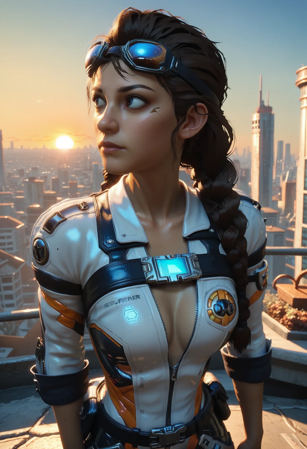 score_9, score_8_up, score_7_up, anime,
1girl, solo, brown hair, twin braids,
d4rkc0urs3r, power suit, chest harness, utility belt, belt boots, goggles,
outdoors, sunset, cityscape,
contrapposto, looking afar,
portrait, from above,
<lora:Dark_Courser_Pony_v1.0:0.7>