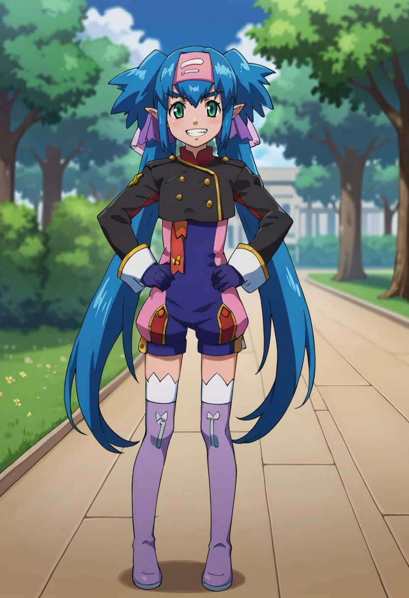 score_9,score_8_up,score_7_up,score_6_up,score_5_up,score_4_up,anime coloring,source_anime,<lora:Klan_Klang_Macross_Frontier_Pony:0.8>,klans,1girl,green eyes,pointy ears,blue hair,long hair,quad tails,headband,sms uniform,gloves,thigh boots,purple footwear,grin,hands_on_hips,standing,outdoors,park,