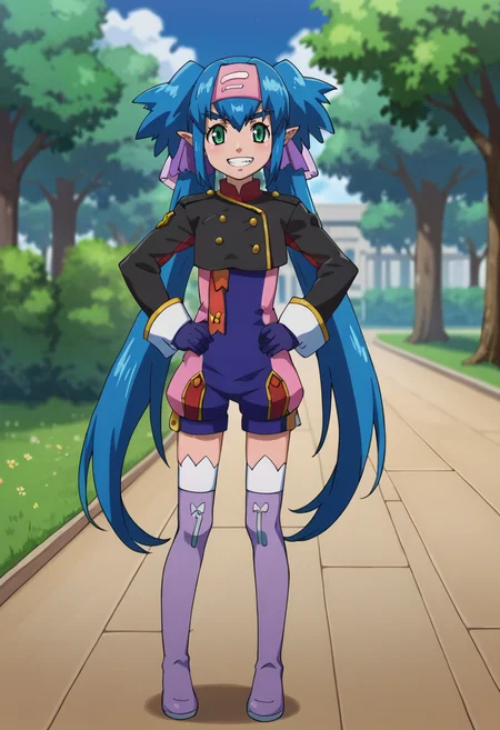 score_9,score_8_up,score_7_up,score_6_up,score_5_up,score_4_up,anime coloring,source_anime,<lora:Klan_Klang_Macross_Frontier_Pony:0.8>,klans,1girl,green eyes,pointy ears,blue hair,long hair,quad tails,headband,sms uniform,gloves,thigh boots,purple footwear,grin,hands_on_hips,standing,outdoors,park,