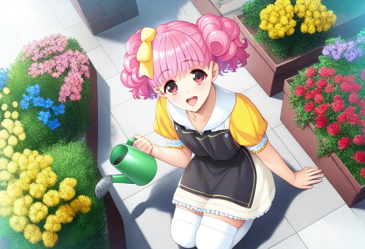 masterpiece,best quality,amazing quality,very aesthetic,absurdres,newest,scenery,<lora:Suzuki Miho_doukyuusei re_ilxl_v1-000009:1>,1girl, pink hair, solo, yellow shirt, thighhighs, flower, apron, smile, yellow bow, open mouth, hair bow, bow, :d, red flower, shirt, white thighhighs, twintails, black apron, short sleeves, watering can, red eyes, skirt, collarbone, zettai ryouiki, looking at viewer, from above, rose, holding, white skirt, yellow flower, miniskirt, red rose, frills, squatting, blue flower, pink flower, kneeling, dutch angle, suzuki miho\(doukyuusei re\)