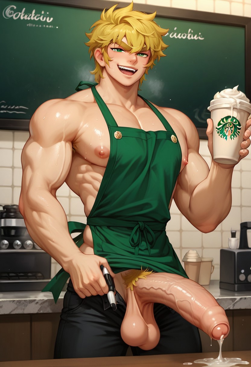 score_9, score_8_up, score_7_up, score_6_up, score_5_up, score_4_up, Jabu, dark blonde hair, bangs, hair between eyes, green eyes, light skin, thick eyebrows,  smug smirke, naughty face, sugestive, friendly, solo, male, cropped yellow tunic, black pants unbuttoned, sweat drops, photography, {{serving Starbucks coffee}}, (bedroom eyes:1.3), open mouth, ultra realism shading, huge pecs, barista, starbucks, biceps, {green apron}, muscular, balls, flacid uncut cock, nsfw, {{bottom apron lift}}, pubic hair, huge penis, foreskin, saggy balls, precum, wet penis, veiny penis, cum in coffee, thick white liquid pouring out of coffee glass