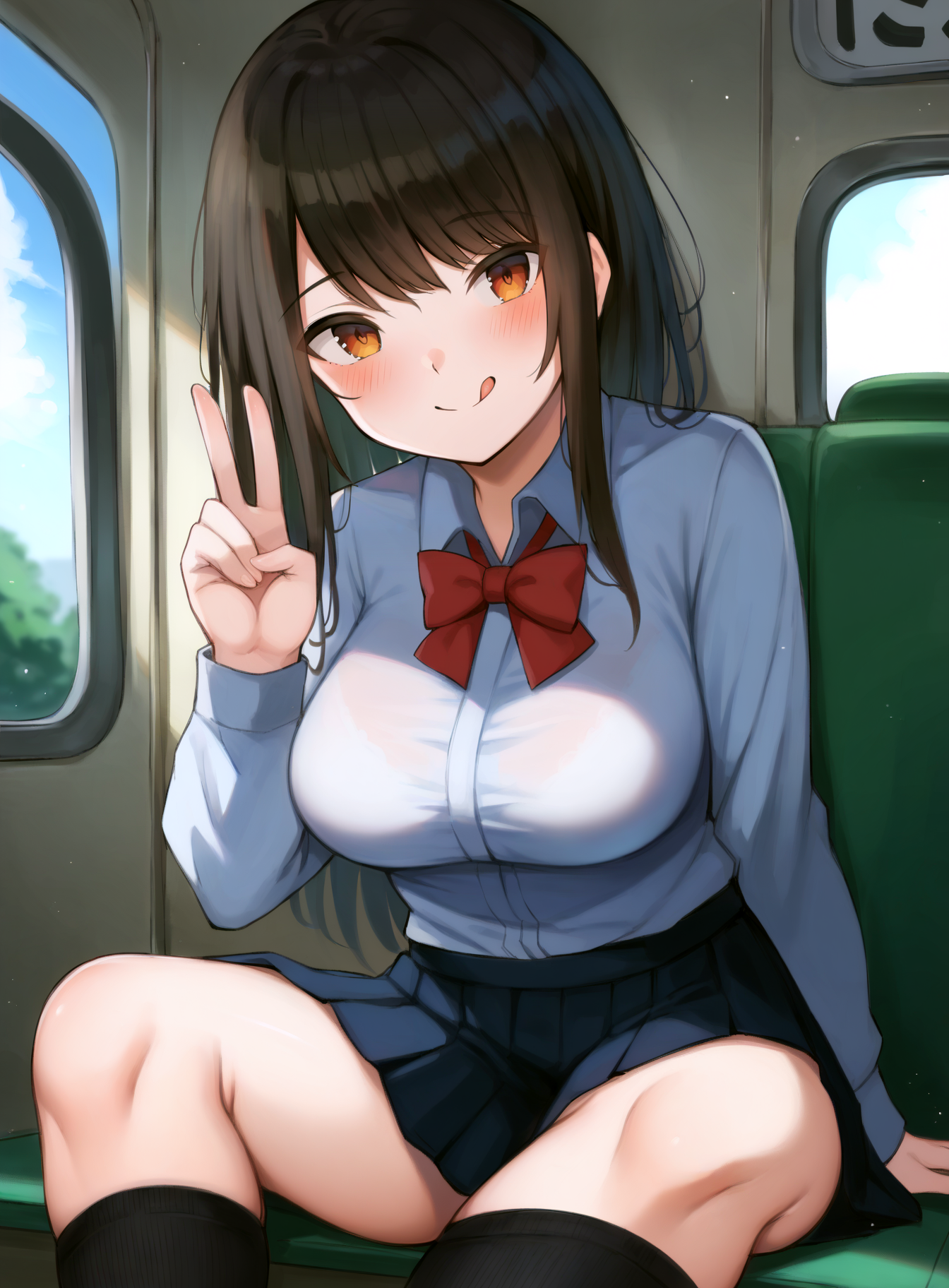 score_9, score_8_up, score_7_up, score_6_up, score_5_up, score_4_up, 
gradient background, 
refraction, caustics, rim lights, backlighting, bloom, gradient background, train interior, 
BREAK
source_anime, sky, sunlight, sunbeam, clouds, light particles, particle effects, 
BREAK
1girl, solo, long hair, bangs, black hair, brown eyes, messy hair, 
closed mouth, smile, blush, tongue. :p, 
large breasts, 
school uniform, collared shirt, white shirt, long sleeves, red bow, red bowtie, black skirt, 
pleated skirt, shirt tucked in, kneehighs, black socks, 
looking at viewer, sitting, hand up, v, 5 fingers, 
<lora:Camonome-v1-PDXL:1>