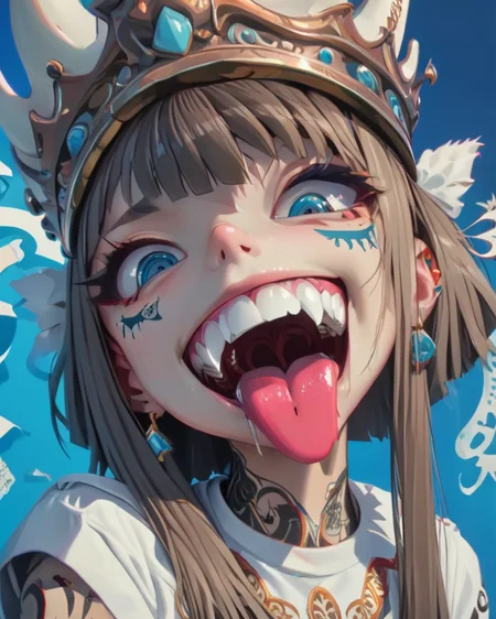 <lora:add-detail-xl:0.3>
<lora:Punk_Anime_XL:1>, intricate details,
1girl, blunt bangs, crown, earrings, fangs, forked tongue, horns, jewelry, long hair, looking at viewer, open mouth, blue background, portrait, saliva, shoes, solo, tattoo, teeth, tongue, tongue out, uvula, white shirt