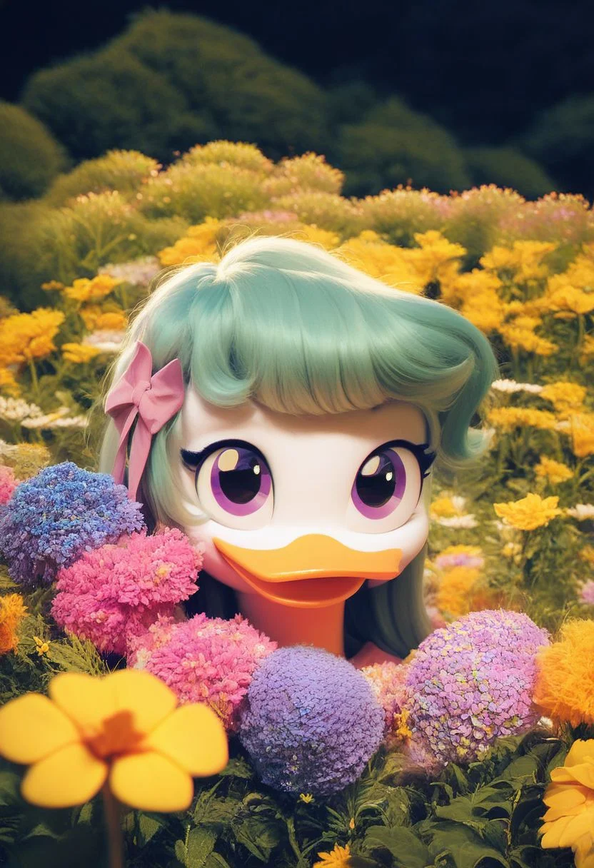 score_9, score_8_up, score_7_up, webby vanderquack, duck, among flowers, cozy, cute, 8k, hd, photo, zavy-flrscnc, fluorescent, fluorescent dust, dark setting