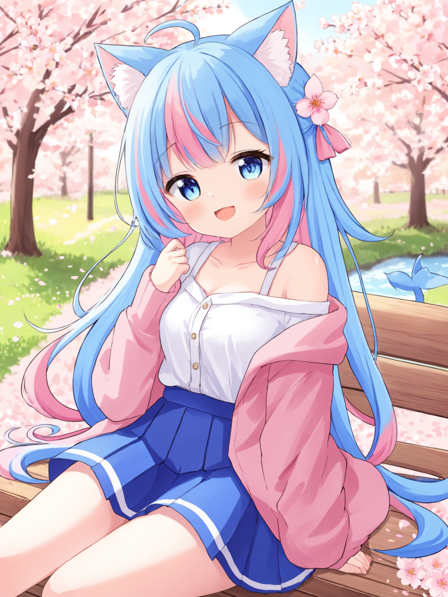 1girl,skirt,animal ears,blue eyes,solo,tail,cherry blossoms,long hair,blue hair,shirt,smile,multicolored hair,pleated skirt,blue skirt,white shirt,off shoulder,virtual youtuber,cat ears,animal ear fluff,:d,looking at viewer,sitting,open clothes,streaked hair,cardigan,bow,long sleeves,bangs,open mouth,petals,breasts,fish tail,blush,pink flower,tree,collarbone,very long hair,outdoors,pink hair,flower,jacket,sleeves past wrists,<lora:YPWR-SDXL-LOCON-2025.3.16-64-32-16-8:1>,
