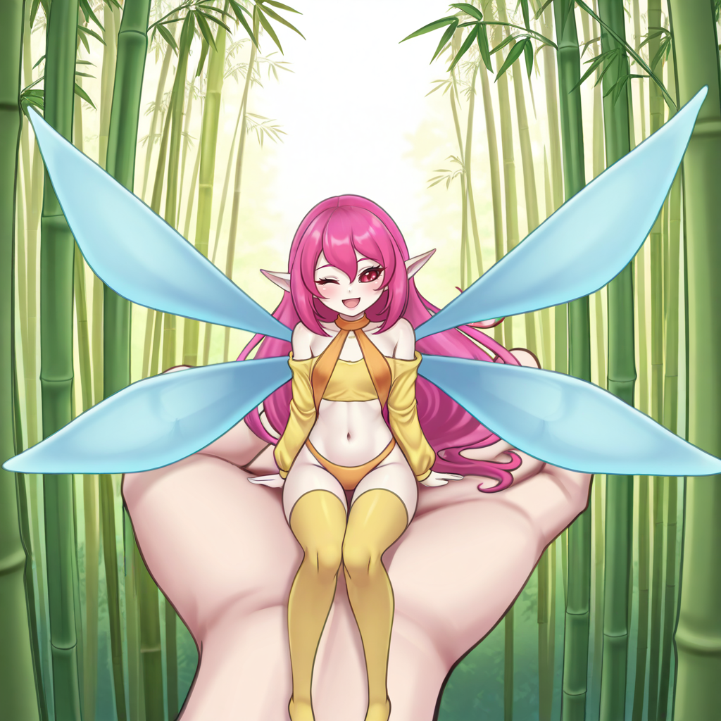 <lora:Sunny_Pixie_-_Yu-Gi-Oh_Illustrious:0.8> SunnyPIL, fairy, swimsuit, long hair, pink hair, red eyes, pointy ears, wings, midriff, thighhighs, bare shoulders, happy, wink, HDA_MasterpieceXLclassic,  HDA_BKGD_BambooForest, sitting on a huge hand, receiving a caress on the head