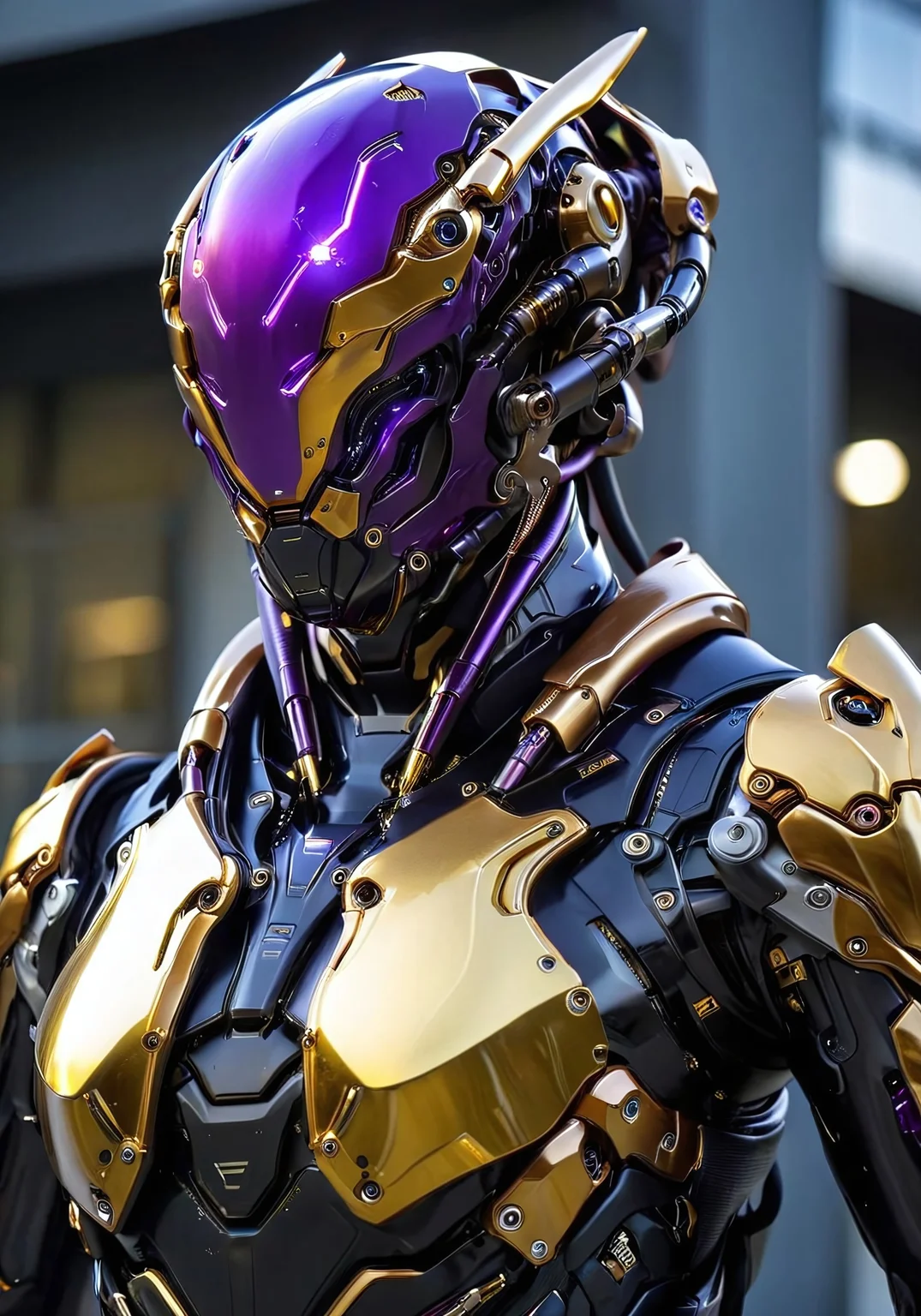 highly detailed mechanical helmet, golden cybernetic wasp head, glowing purple visor, realistic reflections, clean and polished armor, intricate mechanical components, sci-fi design, sharp edges, cinematic lighting, transparent insect wings made of reinforced glass fiber, mechanical joints, fine circuitry details, semi-transparent glowing lines, futuristic propulsion systems, lightweight and flexible design, shimmering metallic texture, sleek golden armor plating, reinforced exoskeleton, detailed mechanical muscles, embedded glowing energy lines, highly polished and reflective surfaces, robust sci-fi structure, intricate inner gears exposed subtly, symmetrical design, tactical segments, highly articulated robotic hands, claw-like metallic fingers, precise servo motors, armored plating with golden highlights, cybernetic exoskeleton design, fine mechanical cables, sharp polished edges, futuristic tactile sensors, mechanized insect legs, reinforced joints, kinetic actuators, armored shin guards, sharp golden foot claws, hydraulic pistons, lightweight yet powerful construction, aggressive futuristic design, sci-fi mechanical aesthetics, mid-action pose, dynamic pose,