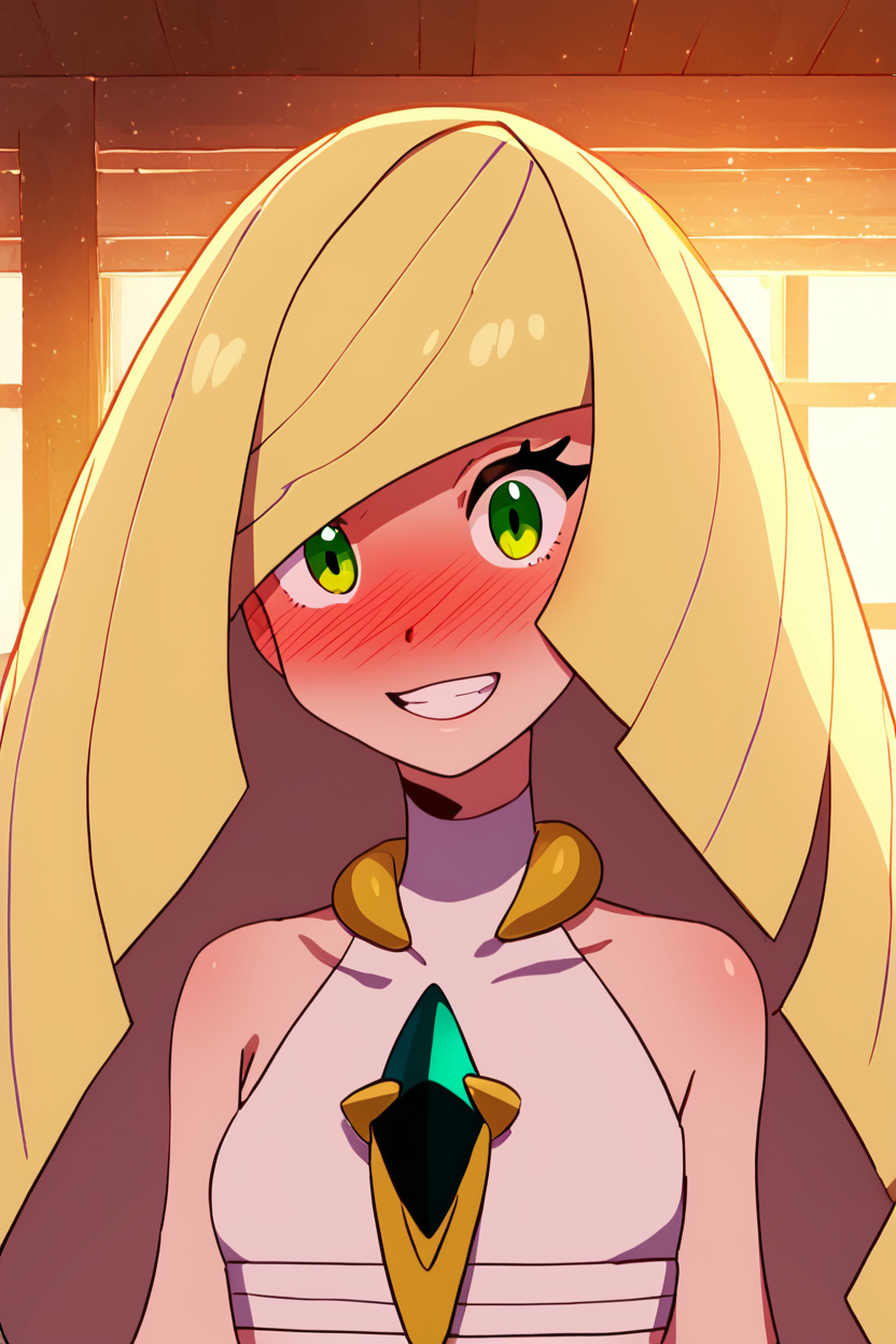 score_9, score_8_up, score_8, (big breasts), (wide hips, curvy), cute, eyelashes,       BREAK,  pokemonlusamine, blonde hair, green eyes, hair over one eye, long hair, multicolored hair, streaked hair, very long hair,    1girl, solo, blush, upper body, teeth, indoors, window, nose blush, parody, sunset, wide-eyed, full-face blush,     (kimono, japanese clothes:1),    <lora:pokemon-lusamine-ponyxl-lora-nochekaiser:1>,      ,BREAK,  cowboy shot, smile, looking at viewer,   Expressiveh,  <lora:Alola_Style_PDXL:1.0>, <lora:Expressive_H-000001:0.4>,
