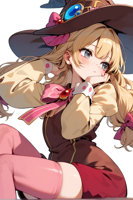 score_9, score_8_up, score_7_up, very aesthetic, source_anime, detailed,
simple background,
looking away, holding own hair, blush, embarassed,
<lora:beryl_autismConfetti_v02:0.99>berylBase, freckles, hair ribbon, blonde hair, grey eyes, long hair, brown witch hat,
puffy sleeves, wide sleeves, long sleeves, yellow shirt, red shorts, pink ribbon, pink thighhighs,, zPDXL