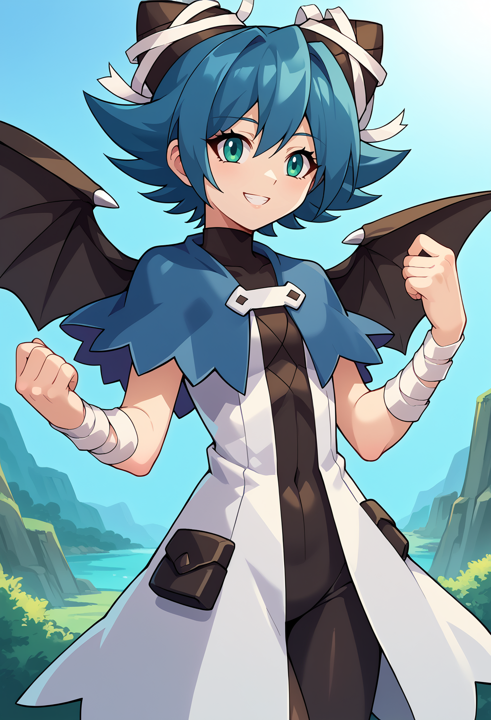 score_9, score_7_up, source_anime, BREAK   <lora:GunvoltMain:1> Azure Striker Gunvolt(Main), solo, <lora:Serene-Pony150per16Dim:1> serene_riviera, short_hair, blue_capelet, wings, white_coat, black_bodysuit, black_headwear, bandages, std_outfit, smile