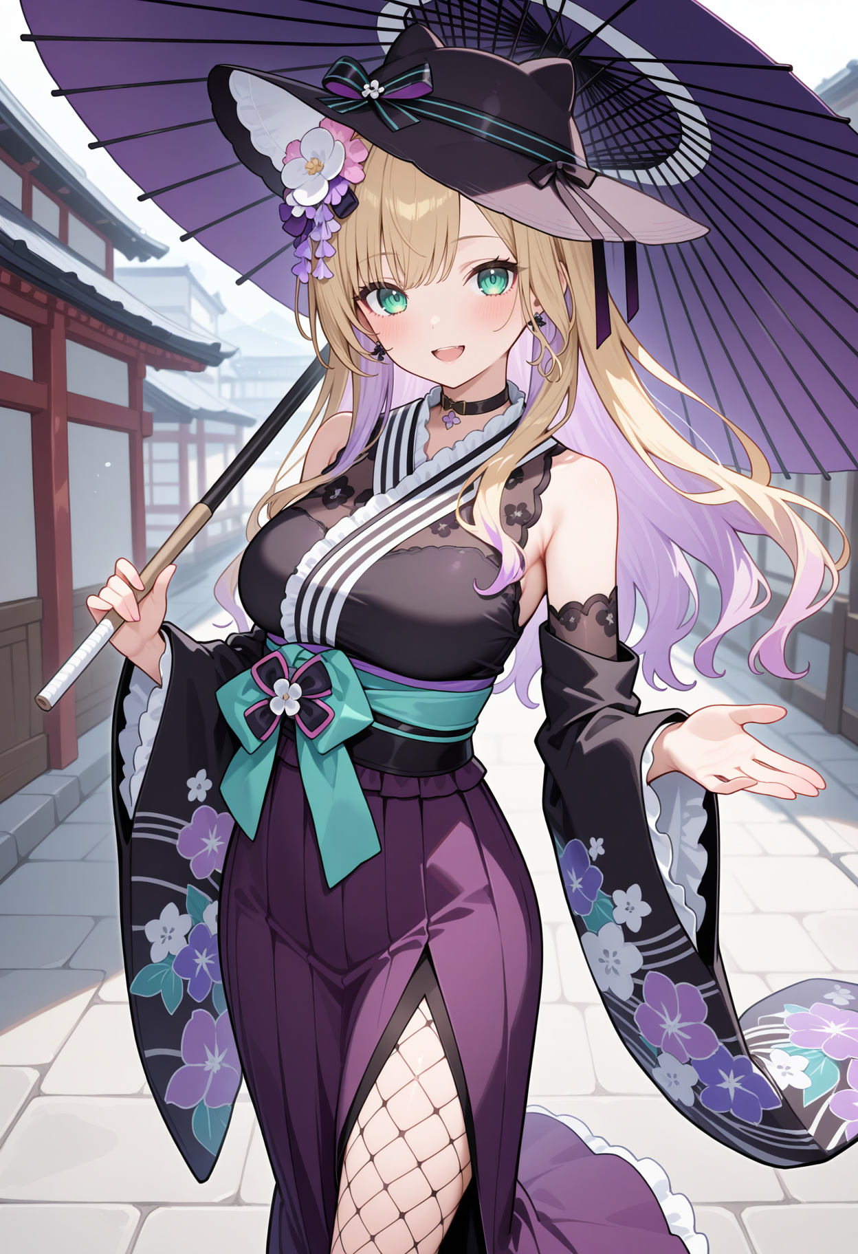 noah5, long hair, blonde hair, purple hair. black headwear, hat bow, hair flower, green eyes, breasts, black choker, frills, floral print, black kimono, sleeveless, detached sleeves, wide sleeves, sash, long skirt, purple skirt, fishnet pantyhose, <lora:kurumi_noah_ilxl_v1:0.9>, standing, holding umbrella, oil-paper umbrella, town, smile, open mouth, 
ultra-detailed, masterpiece, newest, best quality
