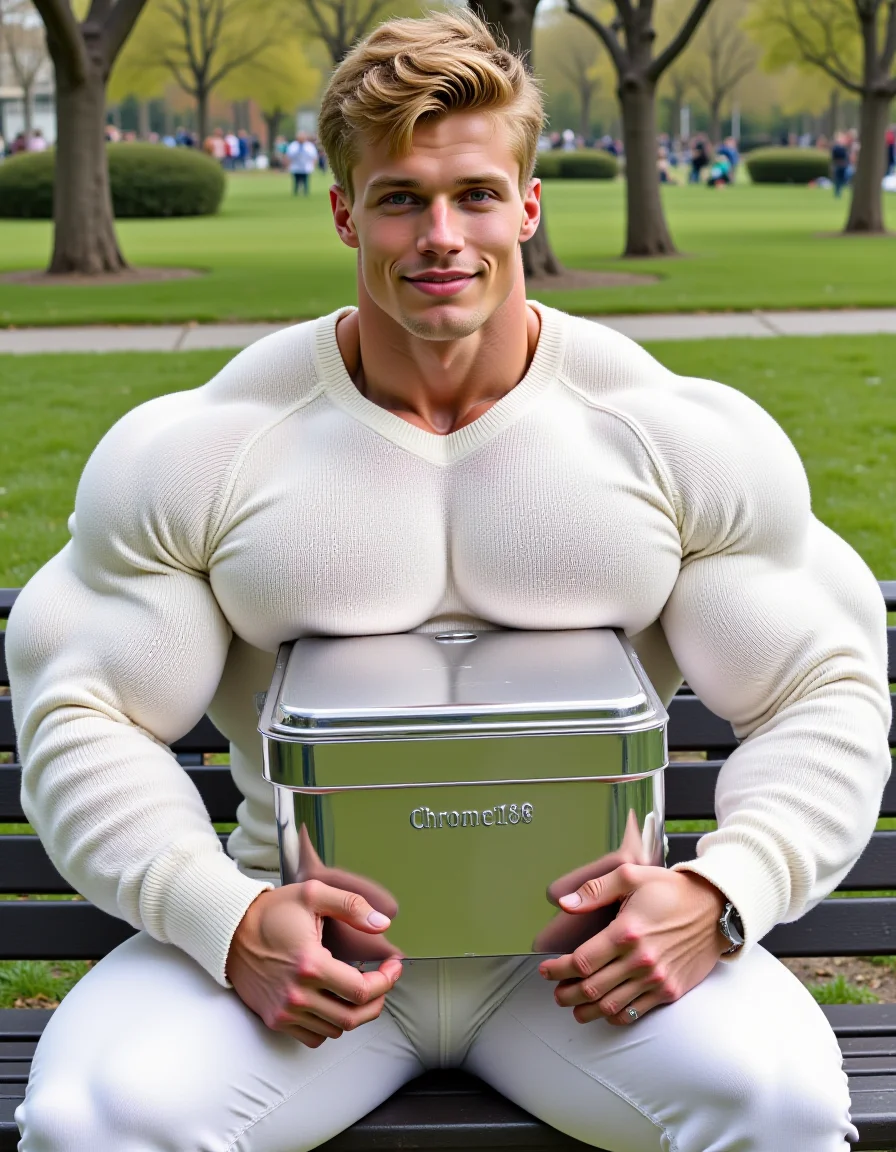 @pcsntp1 a muscular man sitting on a park bench. (He is dressed wearing a white sweater and white pants. He is hugging a big reflective chrome metal box against his chest)
He has a muscular physique specifically his large top heavy upper body, his extra large chest is exaggerated, excessively large and bulky, covering the top of the box. The box has words "Chrome188" engraved on the side. With smile he is looking at the viewer.
<lora:PecsOnTop.Style.V1.flux1d_epoch_9:0.9>