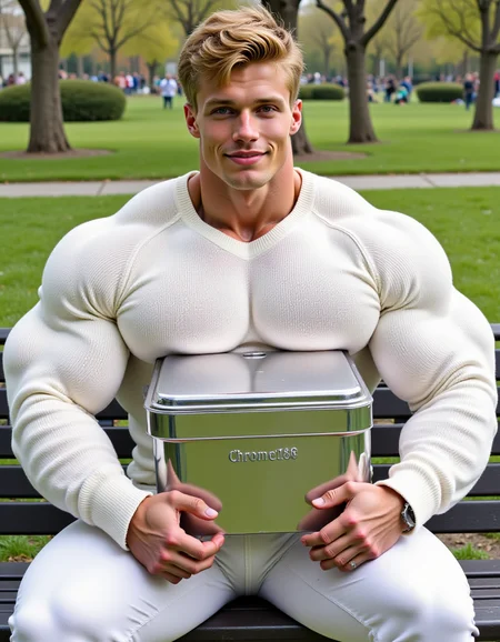 @pcsntp1 a muscular man sitting on a park bench. (He is dressed wearing a white sweater and white pants. He is hugging a big reflective chrome metal box against his chest)
He has a muscular physique specifically his large top heavy upper body, his extra large chest is exaggerated, excessively large and bulky, covering the top of the box. The box has words "Chrome188" engraved on the side. With smile he is looking at the viewer.
<lora:PecsOnTop.Style.V1.flux1d_epoch_9:0.9>