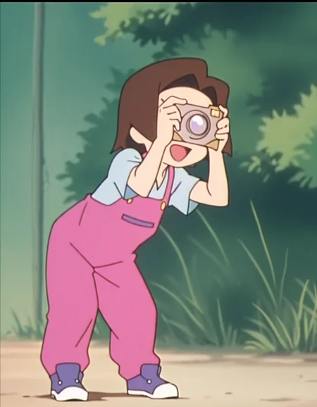 (masterpiece:1.4), (best quality:1.4),  very aesthetic,illustration, newest,best quality, amazing quality, very aesthetic, absurdres, ultra high resolution,8k,12k,
arika_amazake, overalls, brown hair, child, aged down, outdoors, standing,  shoes, solo, 1girl, t-shirt, short sleeves, pink overalls, short hair, black eyes,  sneakers, 
anime screencap <lora:arika_amazake:1>
smile,holding camera,standing,,open mouth,outdoor,,bend forward,camera on face,covered eyes