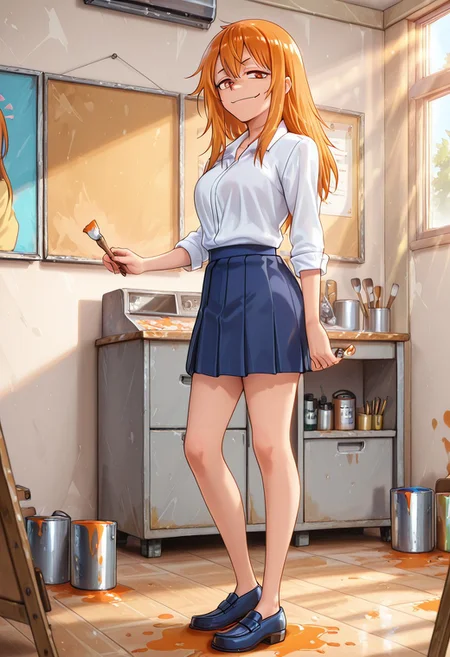 1girl, solo, masterpiece, best quality, newest, absurdres, CG, anime, source anime, illustration, very aesthetic, high resolution, ultra-detailed, newest, scenery, medium depth of field, rule of thirds, masterpiece-level, clean lines, Nagatoro_Hayase
BREAK 1girl, ((solo)), (solo focus:1.25), Gamou_Maki, orange_eyes, orange_hair, long_hair, hair_between_eyes, medium_breasts
 school_uniform, white_shirt, collared_shirt, pleated_skirt, blue_skirt, sleeves_rolled_up
standing, paints on the wall, smug, smug grin, evil smile, teasing, holding a paintbrush in her hand, paint dripping from the brush, paint spots on the floor, a can of paint spilled on the ground next to her, looking at viewer, full body
indoors, art studio, canvases on stands, paint cans, brushes, day, alternate poses, sunny day, sunlight, from both sides
cinematic angle, various angles, detailed background, beautiful background, (rays light:1.0),(grow:1.0) mystical, luminism, vibrant colors
