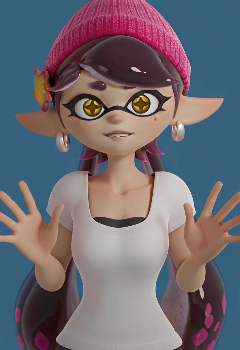 masterpiece, best quality, 1girl, solo, eyelashes, (beautiful eyes),     masterpiece, best quality, solo, curvy, beautiful eyes,   3d,   zzCallie, 1girl, solo, long hair, looking at viewer, simple background, shirt, black hair, hat, yellow eyes, white shirt, upper body, parted lips, teeth, pointy ears, mole, hands up, mole under eye, blue background, portrait, + +, tentacle hair, object on head, callie (splatoon), upper body,      <lora:SquidTalkStyle_IXL:1.0>,
