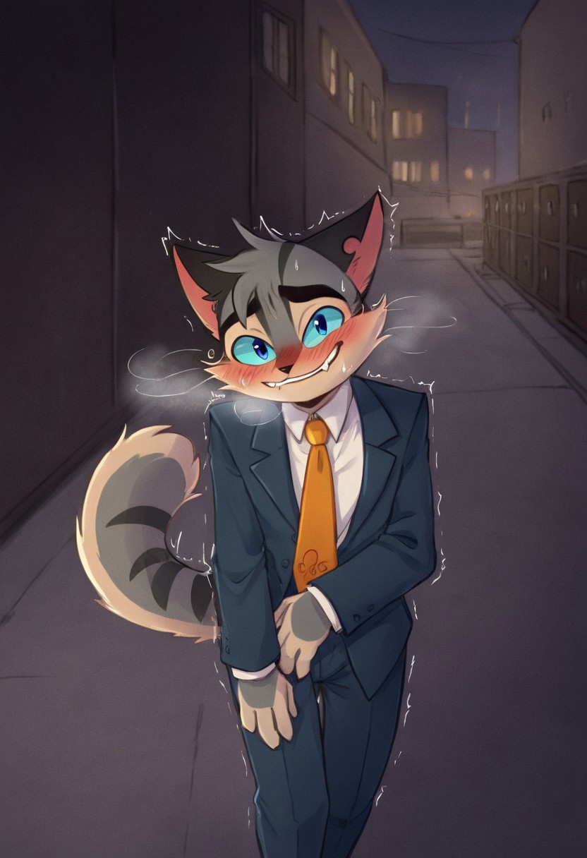 Rocky, Rocky Rickaby, blue eyes, striped fur, striped, pointed ears, eyebrows, smiling, yellow markings, grey body, grey fur, tail, long tail, blue sclera, black ears, cat ears, black cat ears, (male anthro cat:1.3), masterpiece, , blushing, sweating, panting, visible breath, looking at viewer, horny, trembling, heavy blush, dynamic angle, body sweat, suit, evil smile, detailed body,  alley, night, dumpster, Art by artie[STYLE], artie[STYLE], Art by artiessauce[STYLE], artiessauce[STYLE], furry, furry art, Cartoony, Cartoon like, cutesy style,