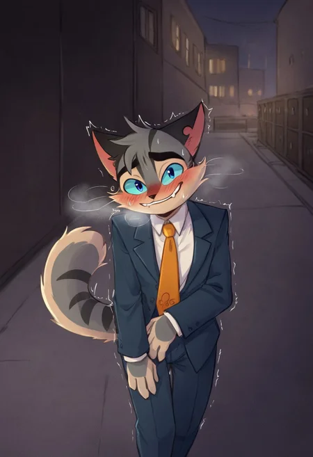 Rocky, Rocky Rickaby, blue eyes, striped fur, striped, pointed ears, eyebrows, smiling, yellow markings, grey body, grey fur, tail, long tail, blue sclera, black ears, cat ears, black cat ears, (male anthro cat:1.3), masterpiece, , blushing, sweating, panting, visible breath, looking at viewer, horny, trembling, heavy blush, dynamic angle, body sweat, suit, evil smile, detailed body,  alley, night, dumpster, Art by artie[STYLE], artie[STYLE], Art by artiessauce[STYLE], artiessauce[STYLE], furry, furry art, Cartoony, Cartoon like, cutesy style,