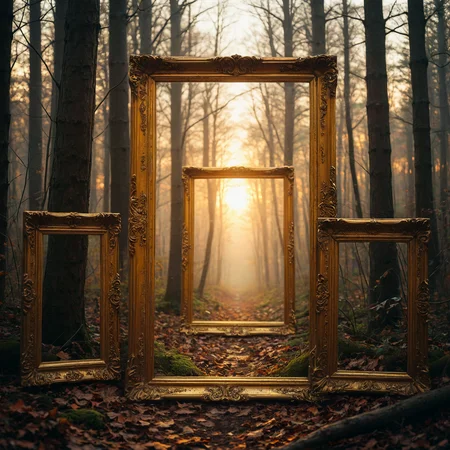 Overlapping gilt frames. Forest and sunset.

<lora:Endless01_CE_XL_200-OT:0.6> endlsCE_style