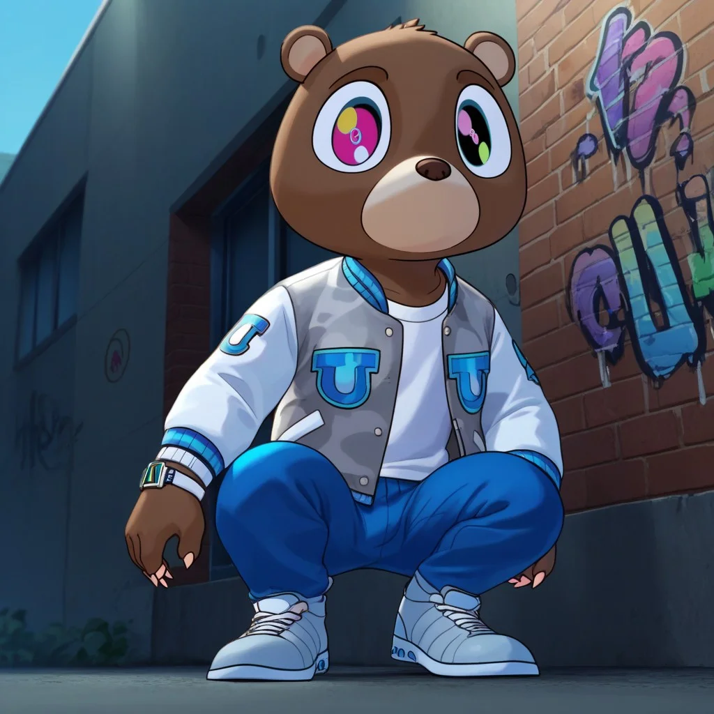 score_9, score_8_up, score_7_up, dropoutbear, male, anthro, furry male, solo, brown fur, tan muzzle, brown nose, colored eyes, claws, letterman jacket, blue pants, grey shoes, watch, crouching, arms out, narrowed eyes, looking at viewer, low angle, outdoors, wall, graffiti