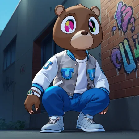score_9, score_8_up, score_7_up, dropoutbear, male, anthro, furry male, solo, brown fur, tan muzzle, brown nose, colored eyes, claws, letterman jacket, blue pants, grey shoes, watch, crouching, arms out, narrowed eyes, looking at viewer, low angle, outdoors, wall, graffiti