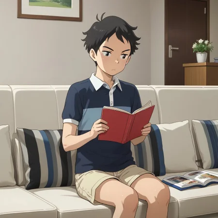best quality, masterpiece, break, solo, aoyama_ph, 1boy, black hair, short hair, shirt, shorts, sitting, sofa, reading