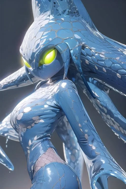 Tall, High quality, nonblurry, female focus, Ultra HD, HDR, 4K, hyperdetailed, smooth lighting, solo, (fully clothed, masterpiece, epic lighting, good shading, studio quality), (Chaos, blue water body, lime eyes, no pupils, pink brain, transparent), ((epic lighting)), best_quality, perfect, cinematic lighting, highest quality, intricate details, hdr, cinematic, intense,
